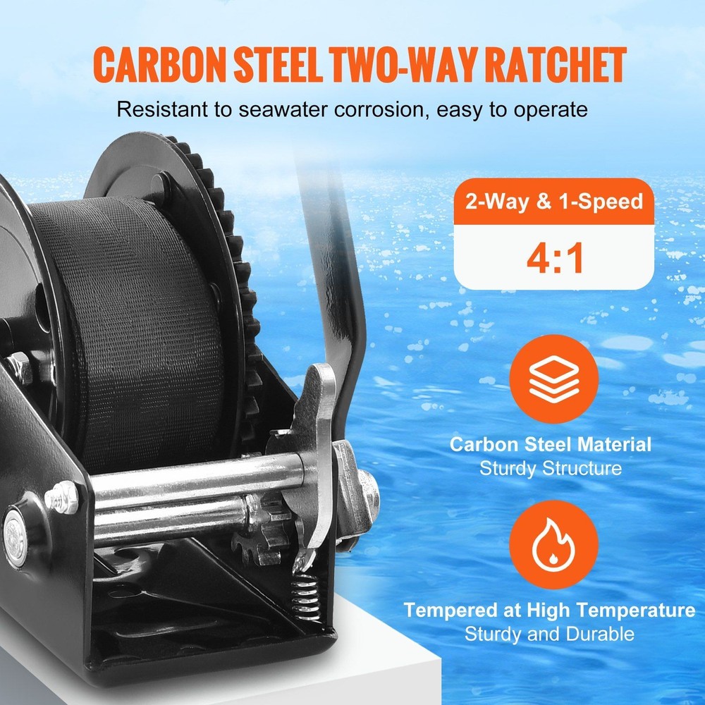 1200lb 23ft Polyester Strap Hand Winch, Two-Way Ratchet, Manual Crank