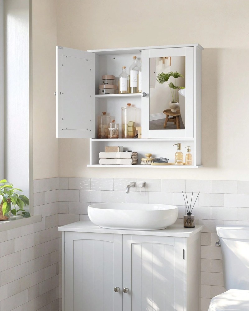 VASAGLE Bathroom Cabinet Wall Mounted Storage With 2 Mirrored Doors White NEW