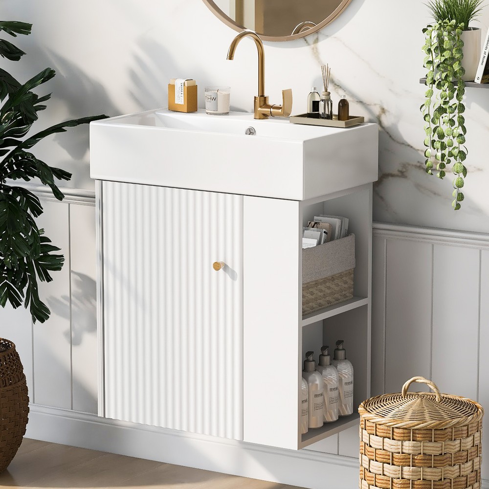 21.6inch Modern Floating Bathroom Vanity with Ceramic Basin Right side storage
