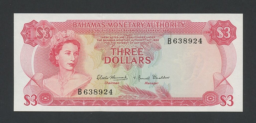 BAHAMAS $3 note 1968 QEII  Krause 28 Uncirculated Banknotes