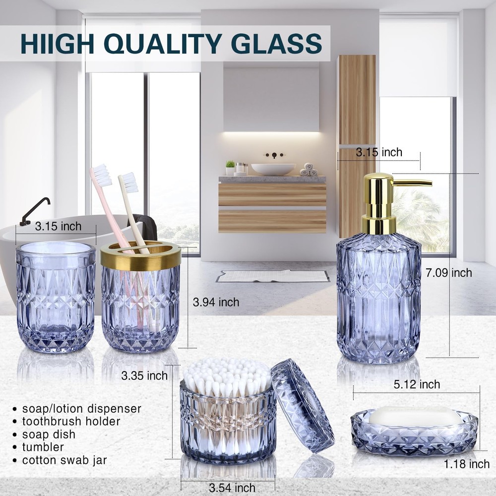 Blue Bathroom Accessory Set, 5 PCS Glass Set for Decor,