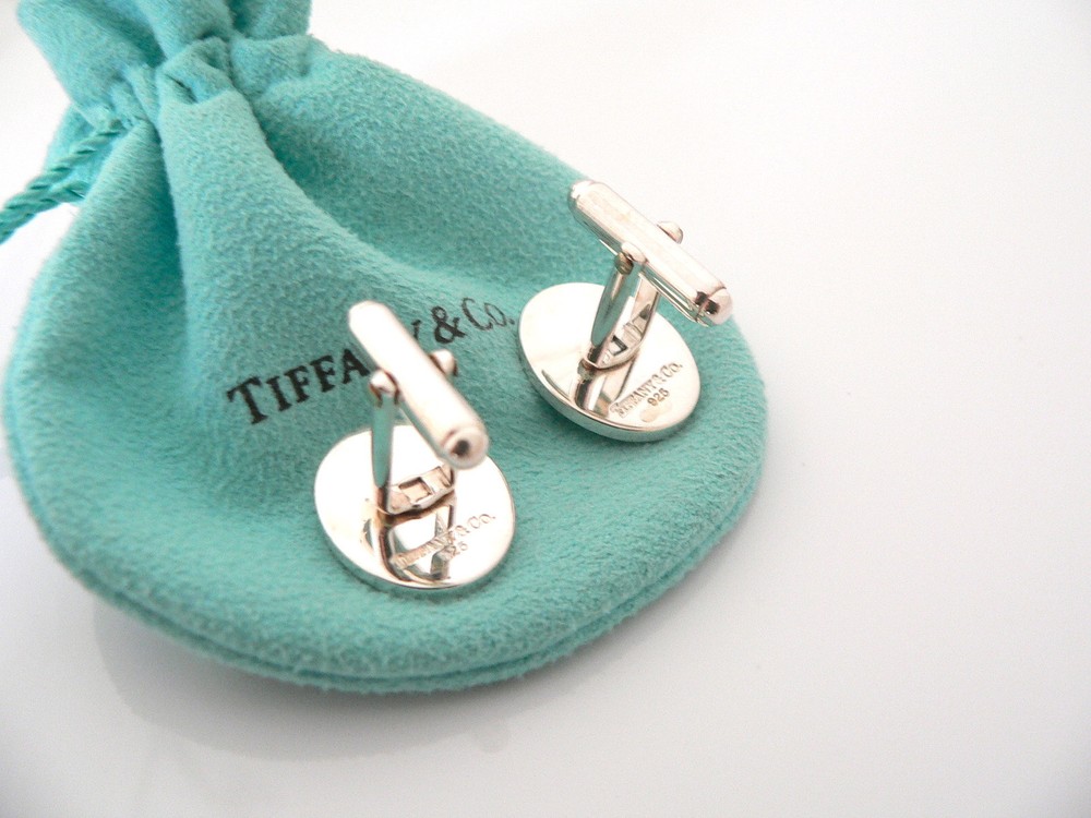 Tiffany & Co Silver Oval Cuff Links Cufflinks Engravable Personalize Gift Pouch