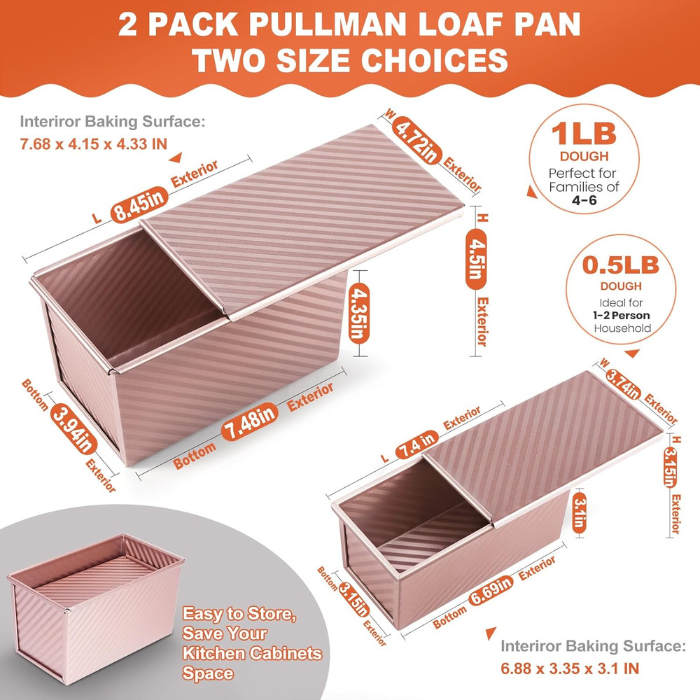 2 Pack Pullman Loaf Pans with Lids Nonstick Carbon Steel Bread Baking Pans Set