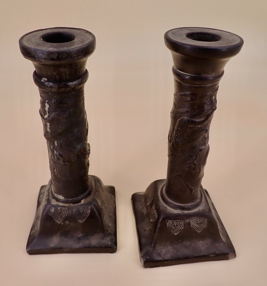Older Nippon Brown Clay Dragonware Candlesticks signed