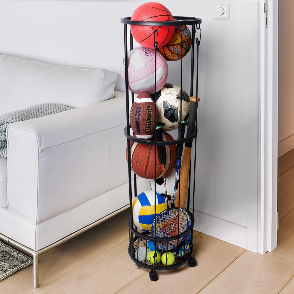 Upgrated Ball Storage Rack with Small Bottom Ball Holder, 3 Adjustable Elasti...