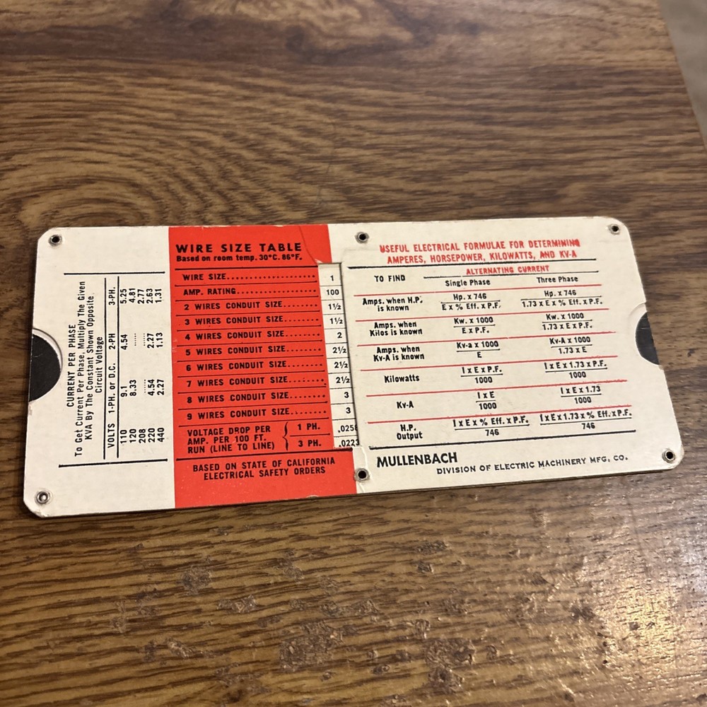 Mullenbach Slide Rule , Motor HP/ Wire Size Table 1950s