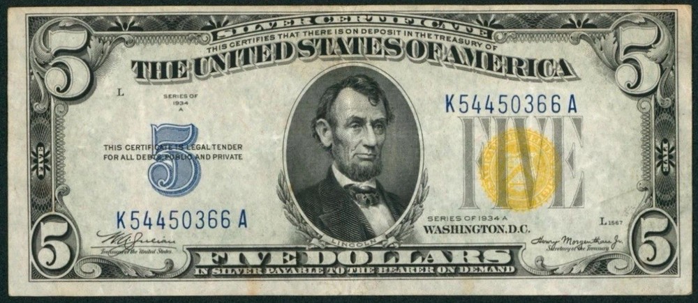 1934A $5 NORTH AFRICA Silver Certificate With Major Reverse Misalignment ERROR