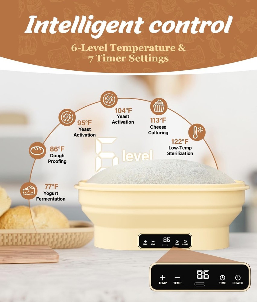 HK Electric Sourdough Starter Kit with 6-Temp Control & Timer, 11" Foldable S...