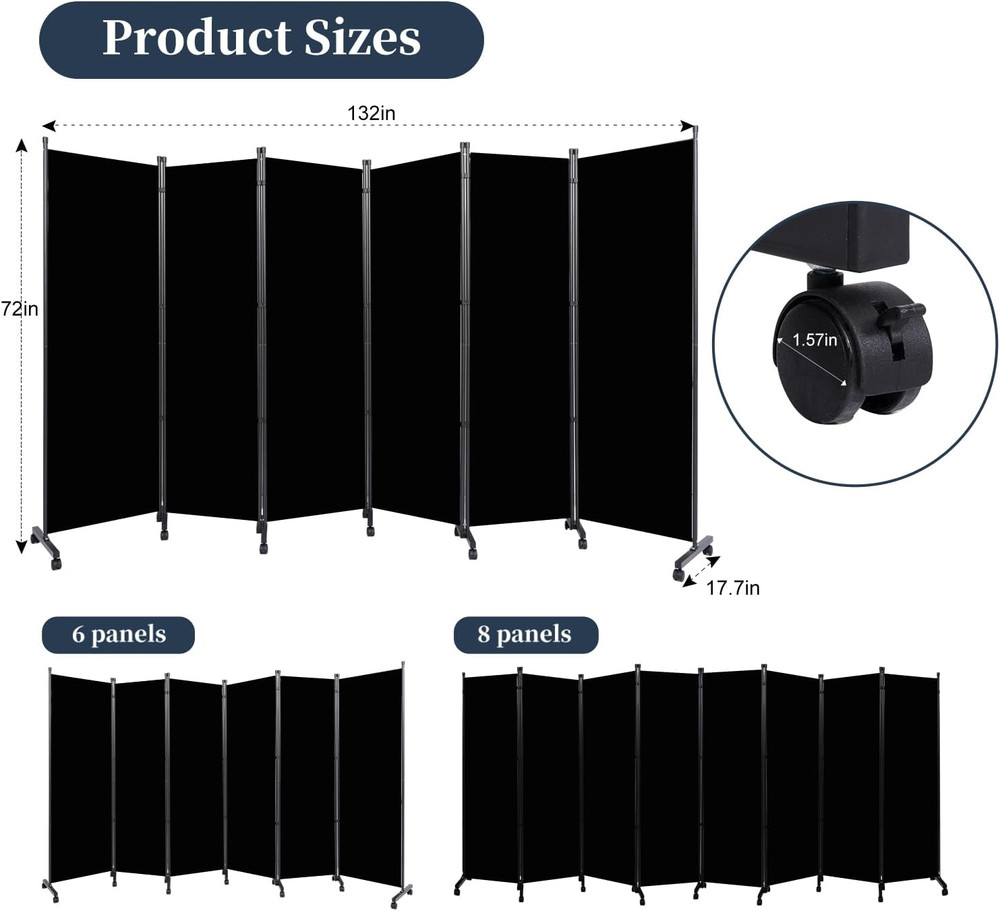 Folding Room Divider with Lockable Wheels, 132'' Freestanding Privacy Screen