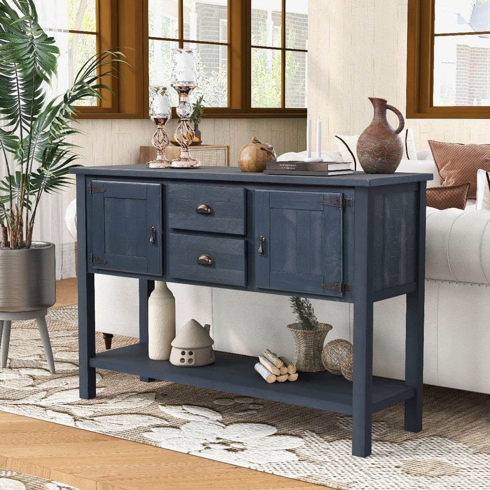 46'' Retro Solid Wood Sideboard Console Table w/Bottom Shelf & Storage Cabinets