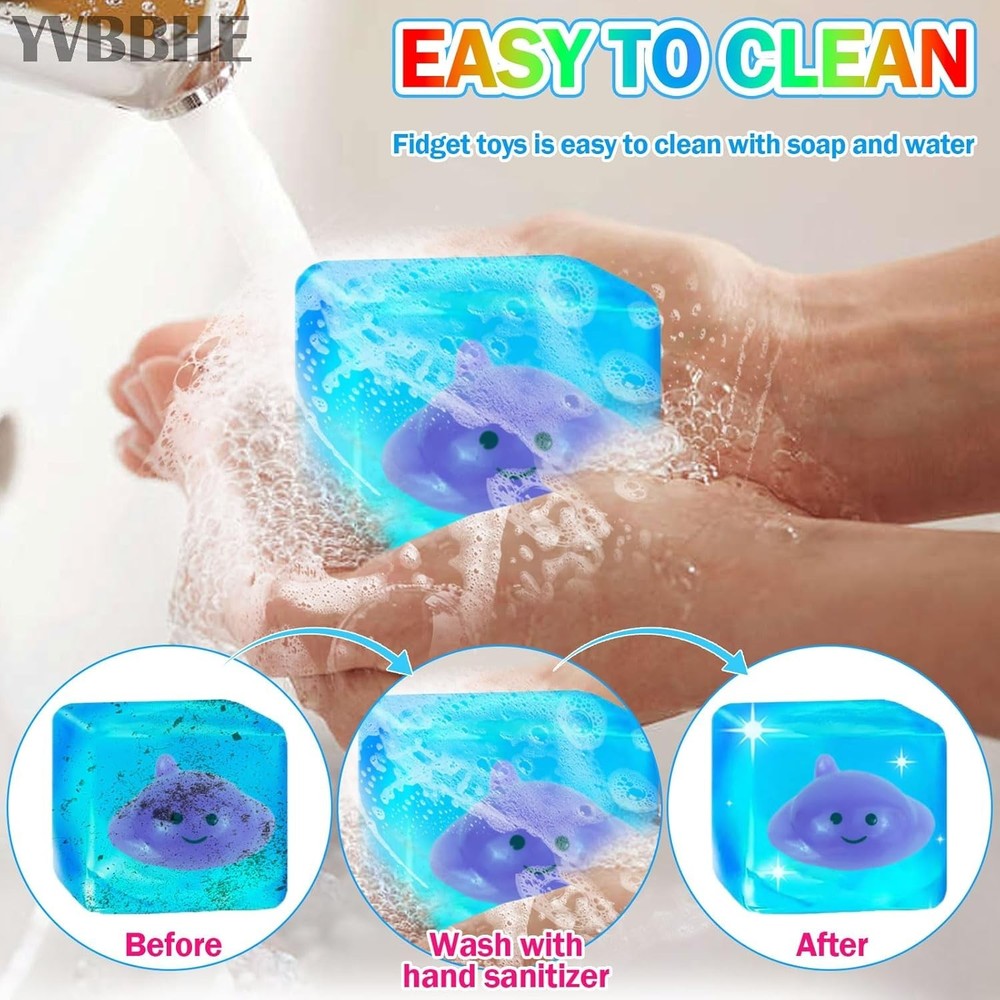 Blue Squeeze Cube with Luminous Devil Fish Inside, Squishy Stress Fidget Gummy
