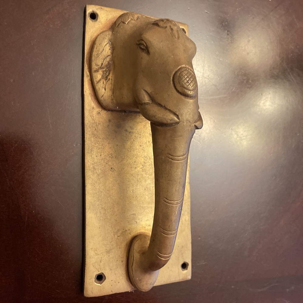 ANTIQUE SOLID BRASS ELEPHANT HEAD DOOR HANDLE 6.6” X 2.5”