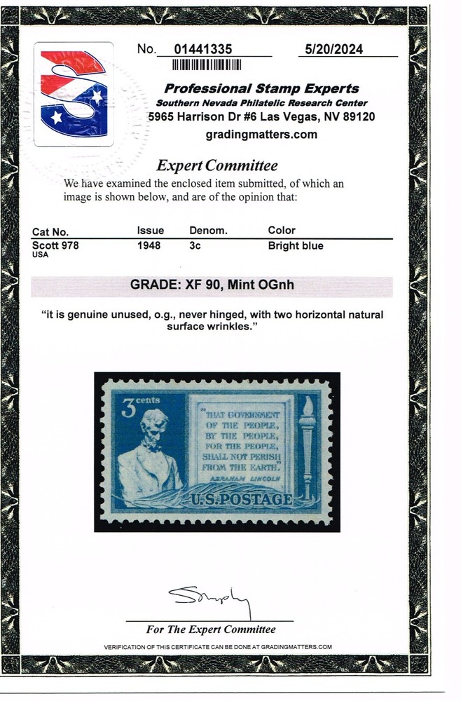 EXCEPTIONAL SCOTT #978 MINT PRISTINE ORIGINAL GUM NH  - PSE CERT GRADED XF-90