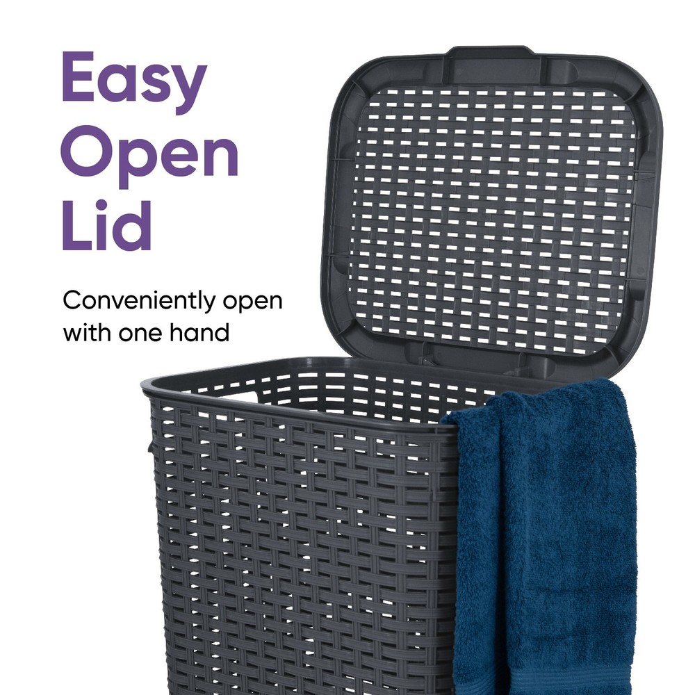 Plastic Wicker Laundry Hamper with Lid and Handles-Grey (60 Liter)