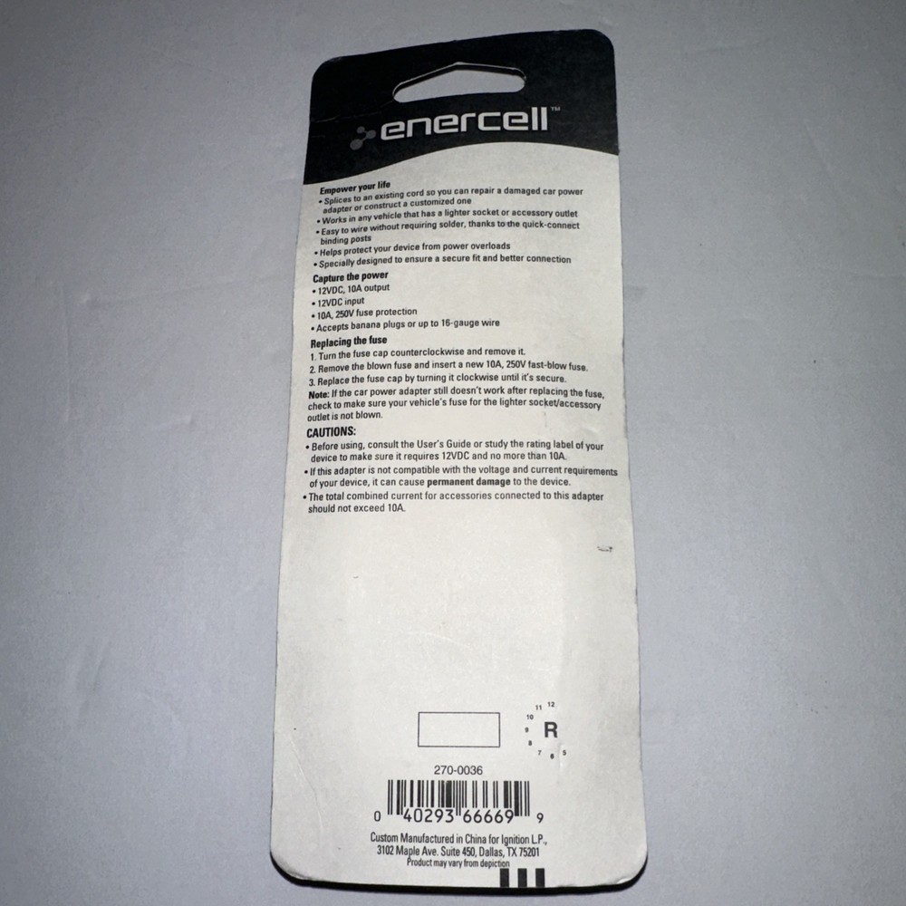 Enercell Cigarette Lighter Plug With Binding Posts 12VDC 10A