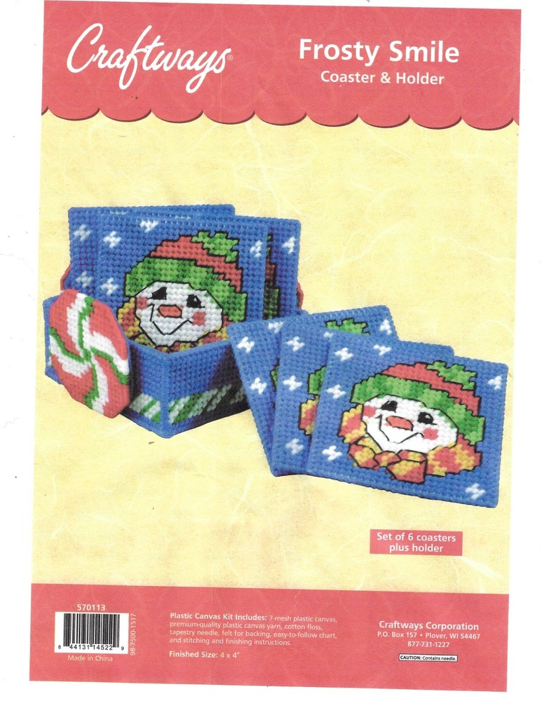 FROSTY SMILE COASTERS & HOLDER  7ct plastic canvas  PATTERN  (#TF0280)