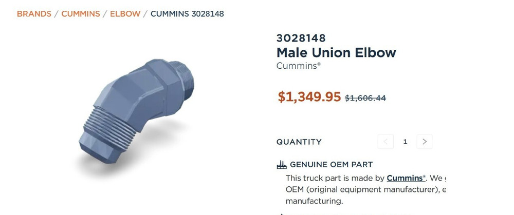 CUMMINS MALE UNION ELBOW 3028148