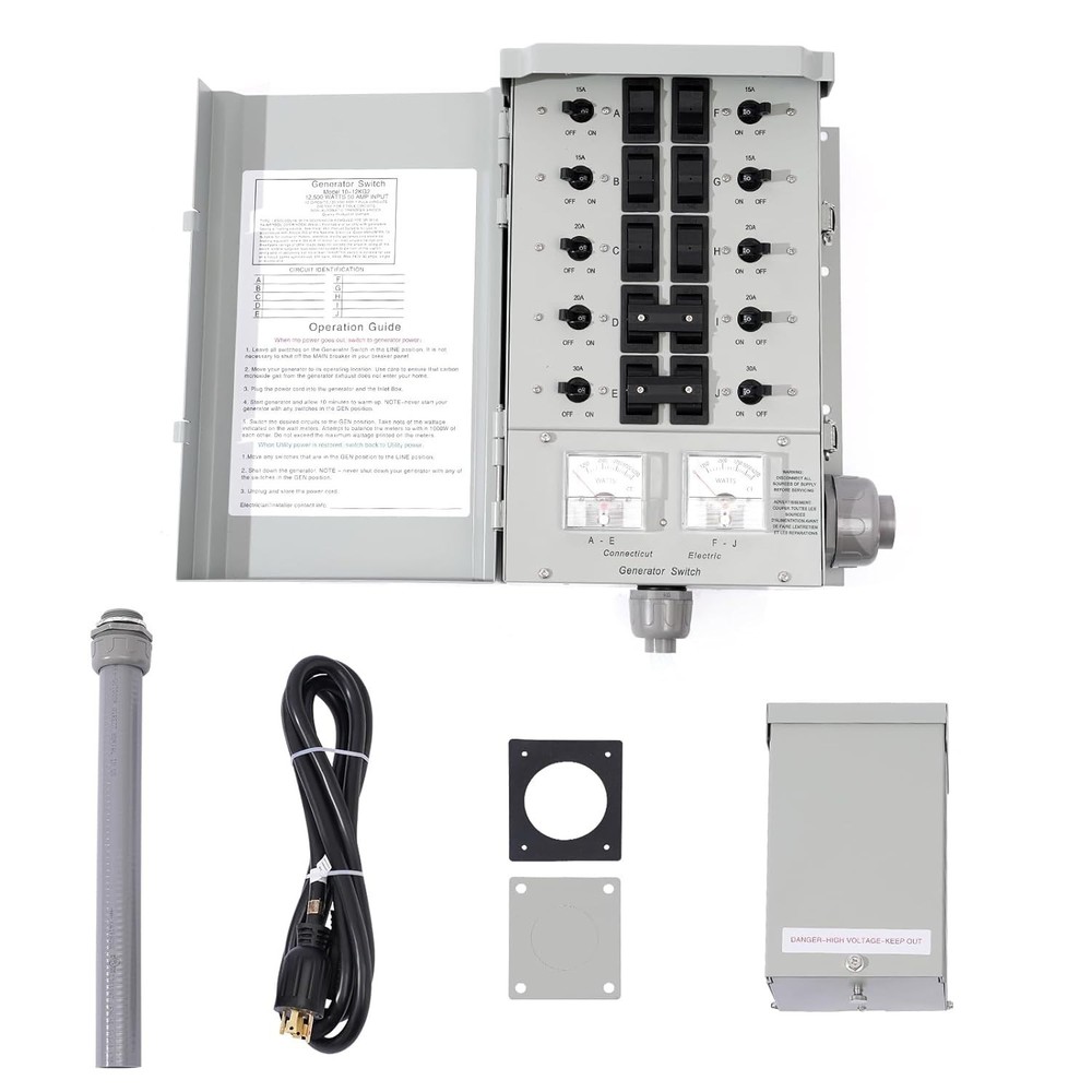 10-Circuit 30A Generator Transfer Switch - Complete Pre-Wired Kit, Inlet & Cable