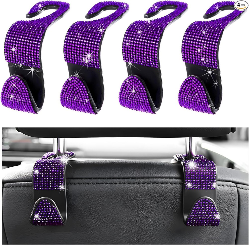 4 PCS Car Seat Headrest Hooks, Crystal Rhinestone Back Seat Hanger Storage Organ