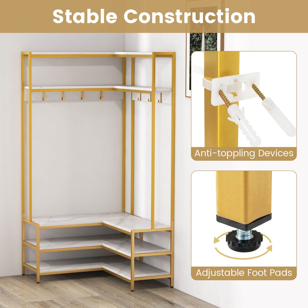 Corner Garment Rack w/ Open Shelves & 7 Hooks Shoe Bench Solid Metal Frame