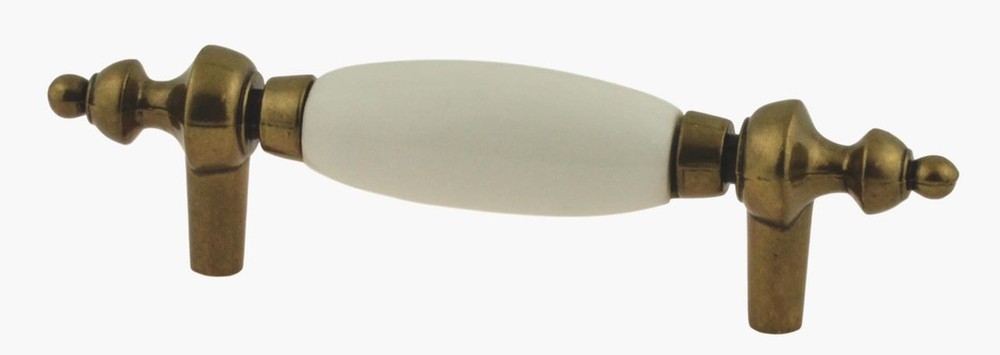3" White Ceramic Insert Pull Antique Brass