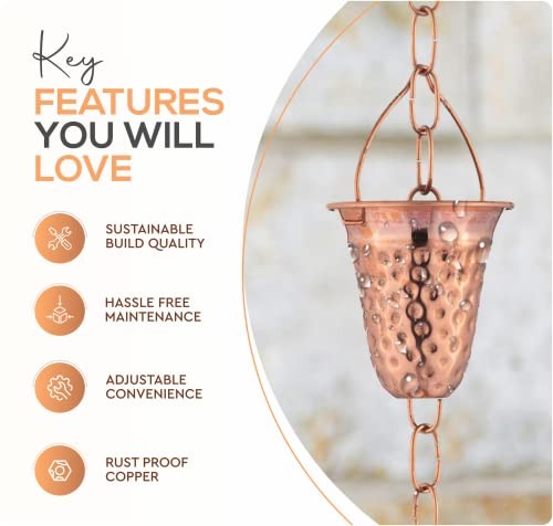 Copper Hammered Rain Chain Hollow Leaf Decorative Downspout Chimes Cups Gutter