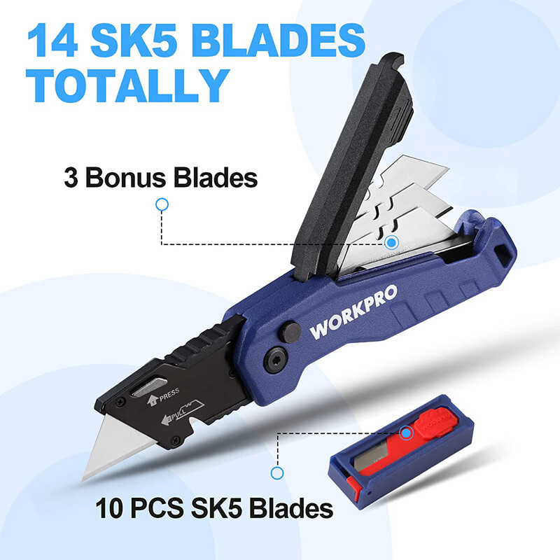 WORKPRO Folding Utility Knife Quick Change Box Cutter w/13PC Blade Red/Blue/Pink