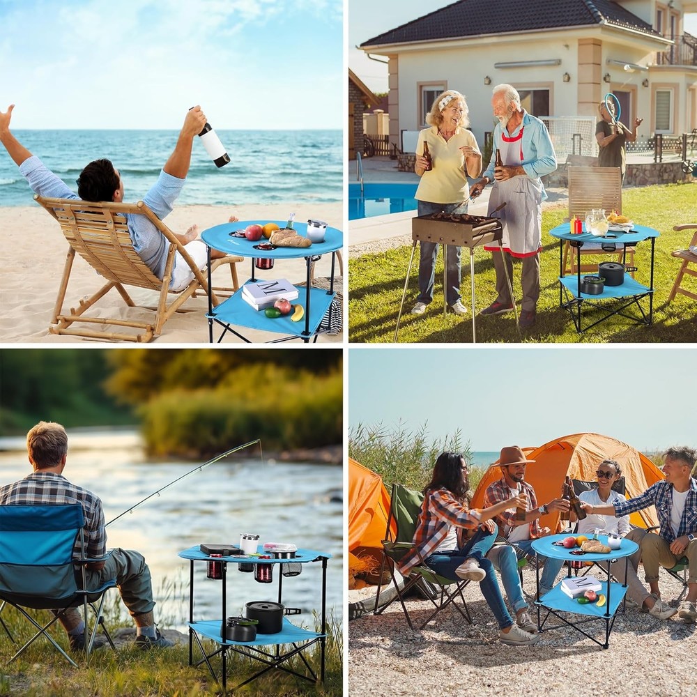 VILLEY Folding Camping Table Double-Layer Round Table w/4 Cup Holder & Carry Bag