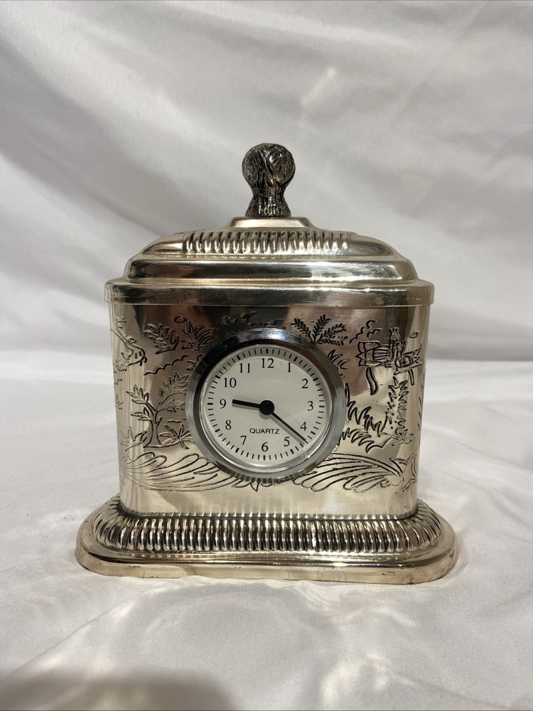 Silver Tea Tin With Quartz Clock Peacocks Palm Trees