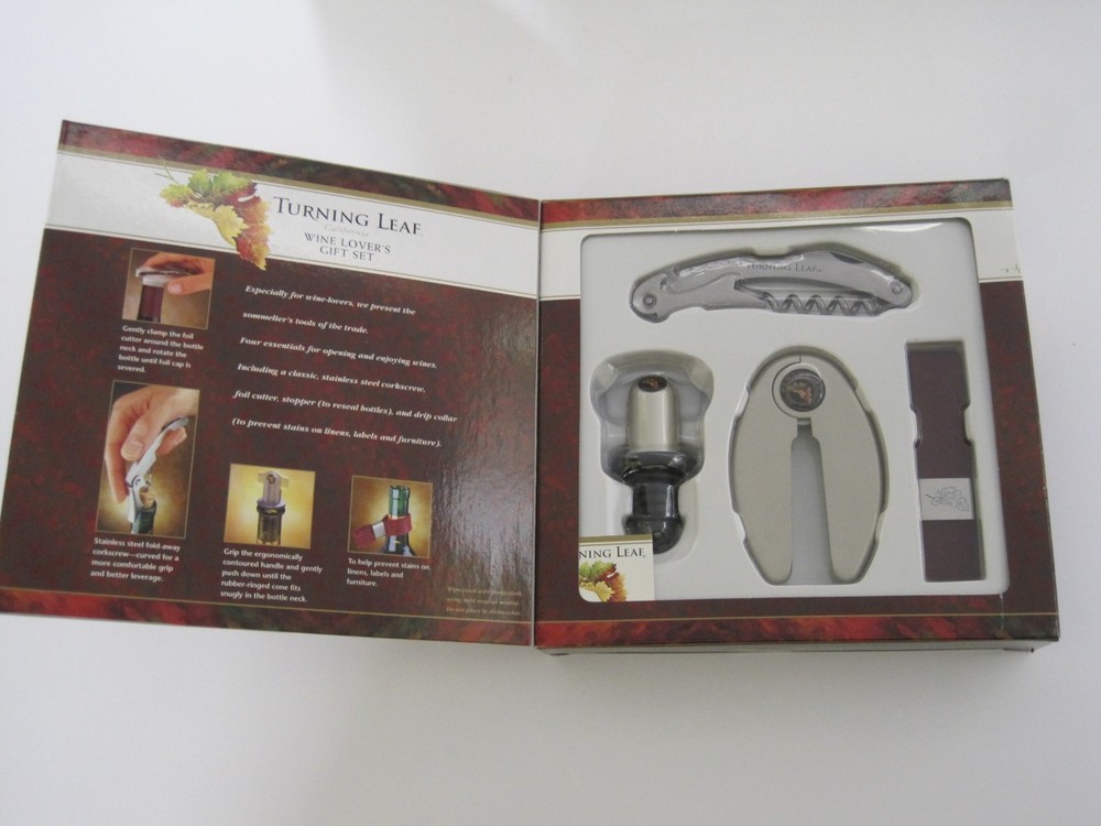 Turning Leaf Wine Lover's Gift Set. Corkscrew, Foil Cutter, Stopper, Drip Collar
