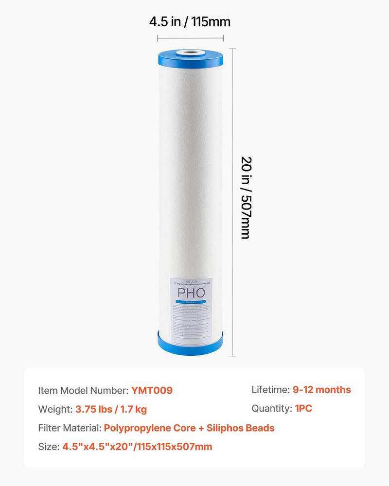VEVOR Whole Home Water Filter Replacement Cartridge 4.5"x20" PHO Scale Inhibitor