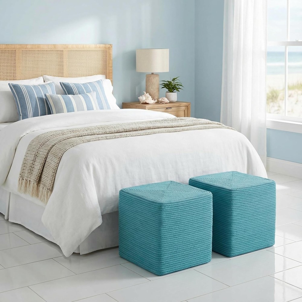 Macon Square Rope Pouf Ottoman Aqua