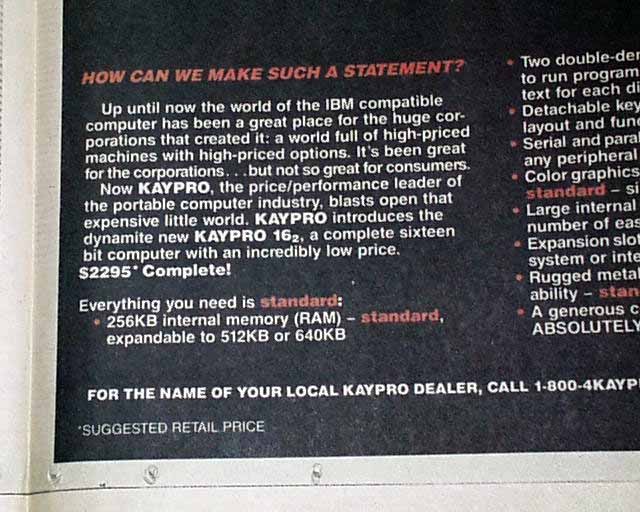 1985 KAYPRO 16-BIT Rugged Luggable IBM PC Compatability Computer Advertisement
