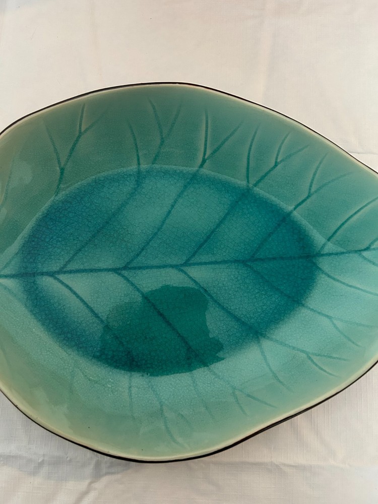 Large - Blue/Green Ceramic Leaf Platter - 16.75" x 10"
