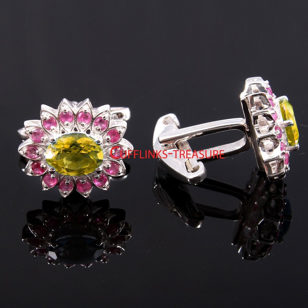 Natural Citrine & Ruby Gemstones with 925 Sterling silver cufflinks for Men's #9