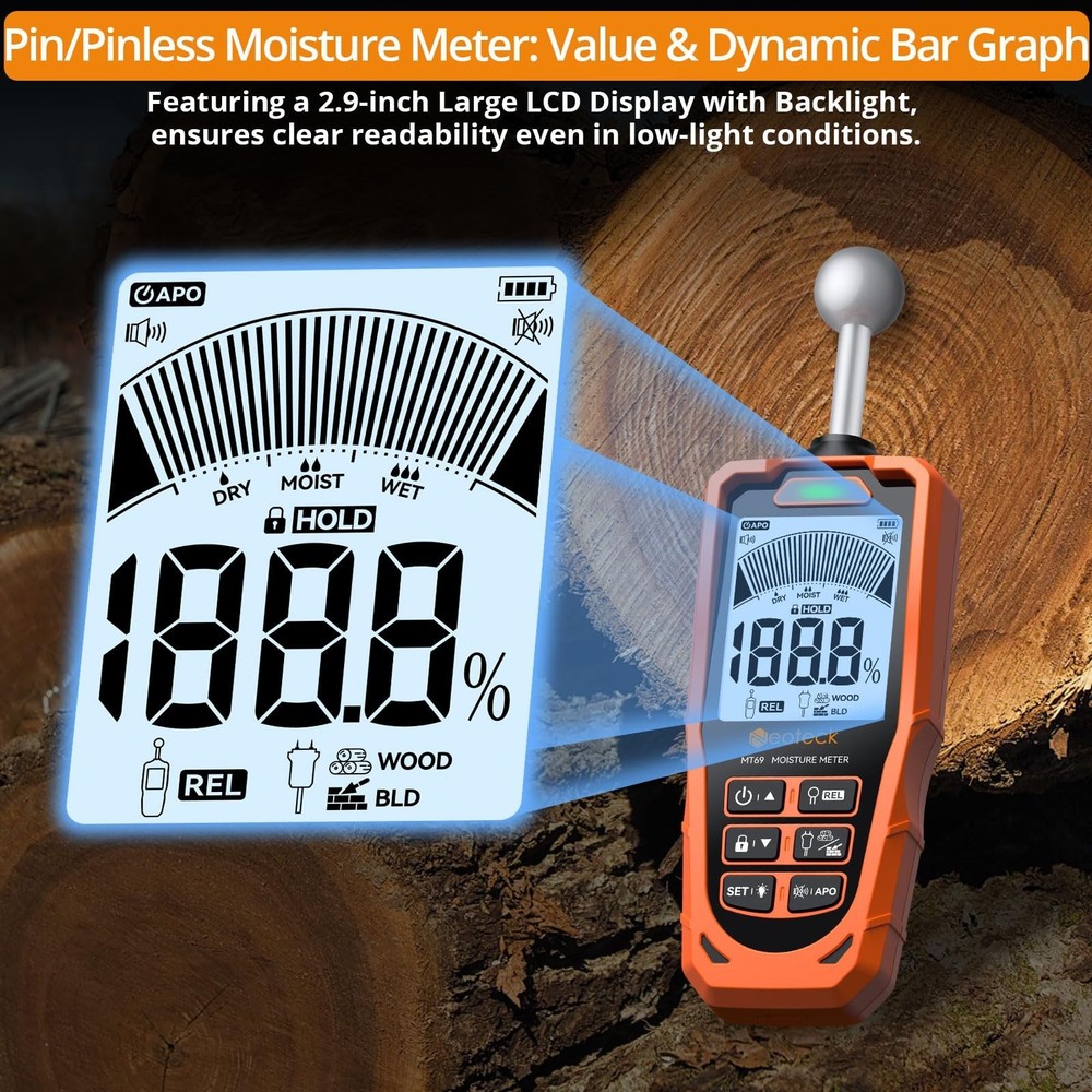 Neoteck 2-in-1 Dual Probe Moisture Meter 40mm Spherical Moisture Reader & ±