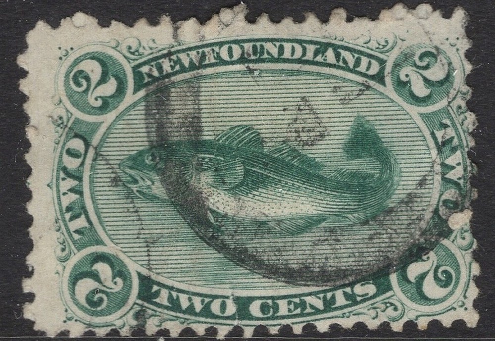 NEWFOUNDLAND 1865 SC. #24 2 CENTS GREEN CODFISH USED CAT $35