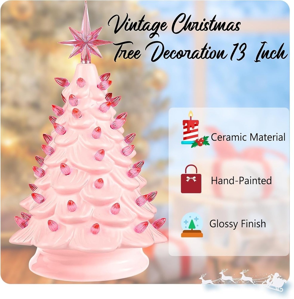 "13"" Pre-Lit Ceramic Christmas Tree Hand-Painted Tabletop with Lights "