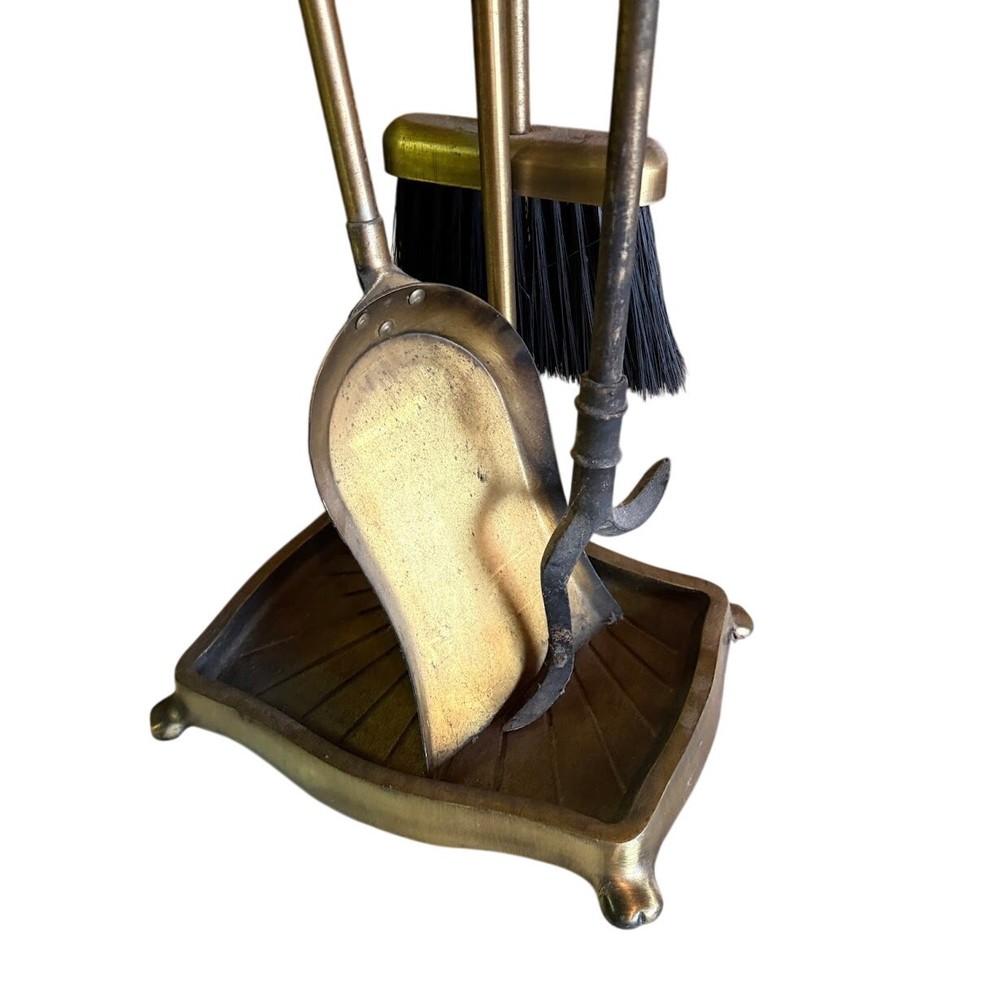 Vintage Brass Fireplace Tool Set 4pc with Stand – Classic Hearth Decor 30”