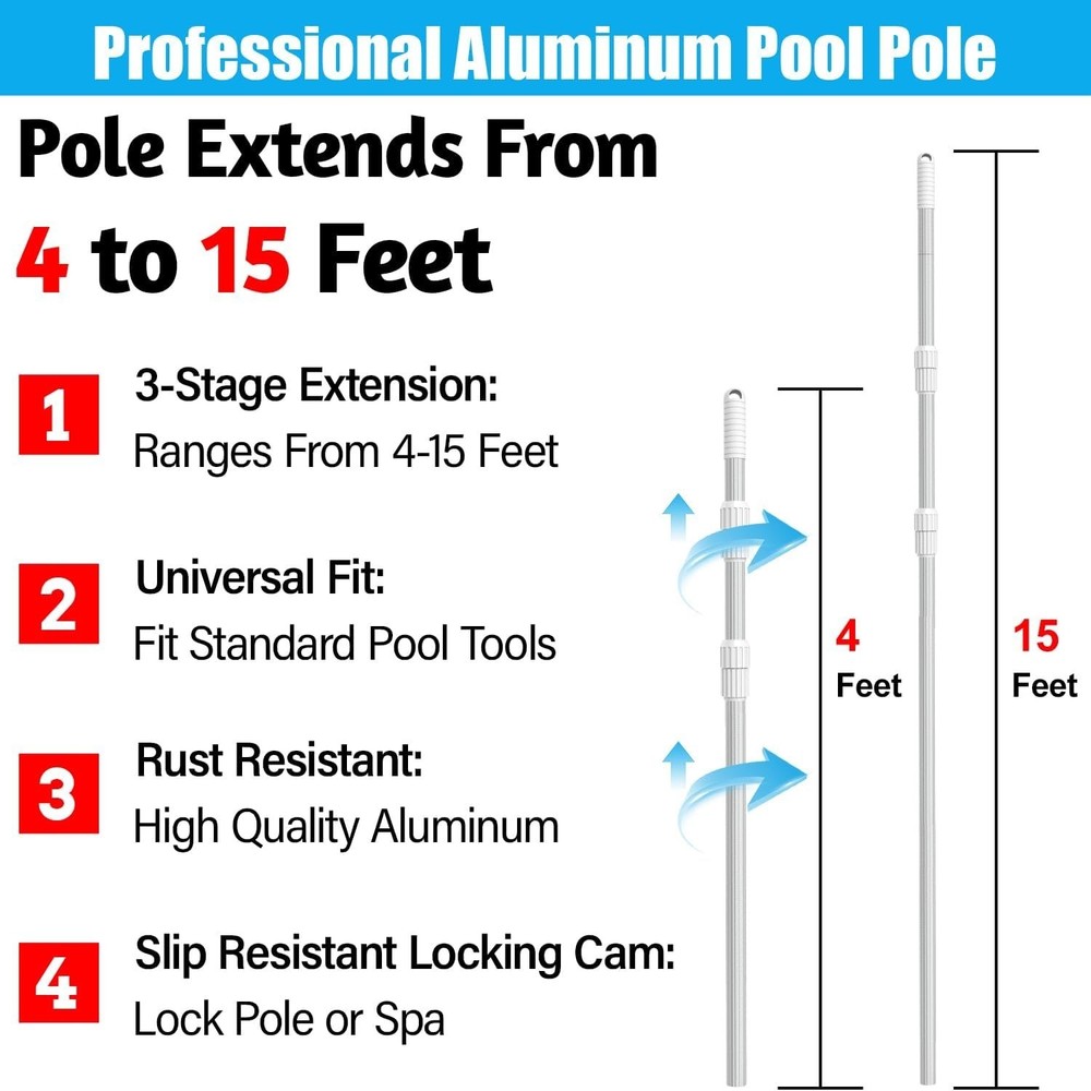 15ft Professional Pool Cleaning Pole Aluminum