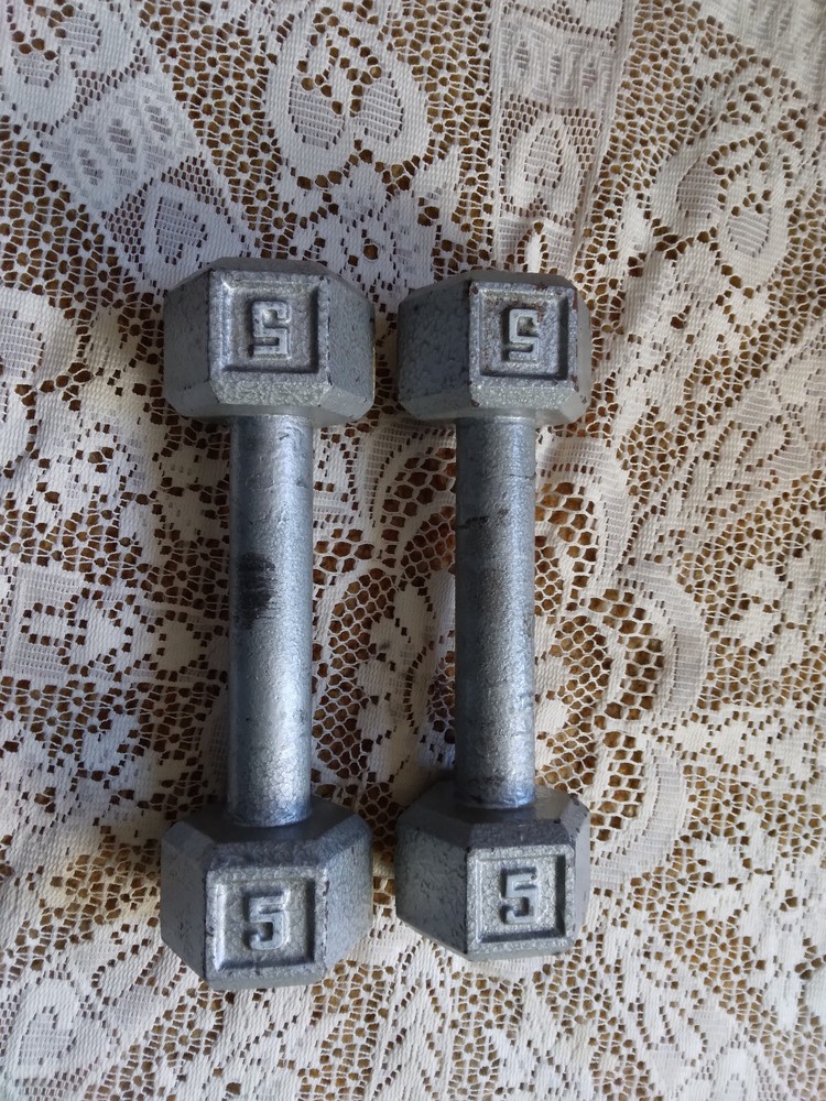 2 Vintage Silver Cast Iron 5 Pound Hex Dumbbell Weights