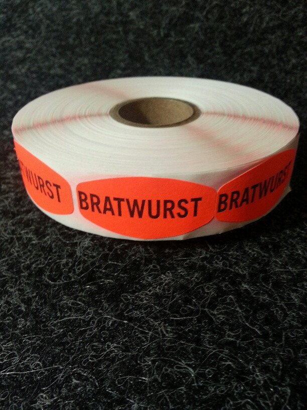 1000 ea. BRATWURST FL RED LABELS STICKERS