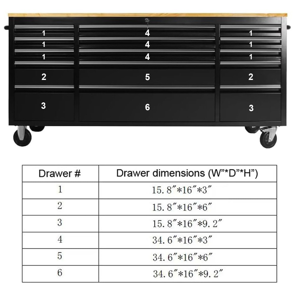 72" Tool Chest 15 Drawer Rolling Workbench Cabinet Lockable Wheels Garage