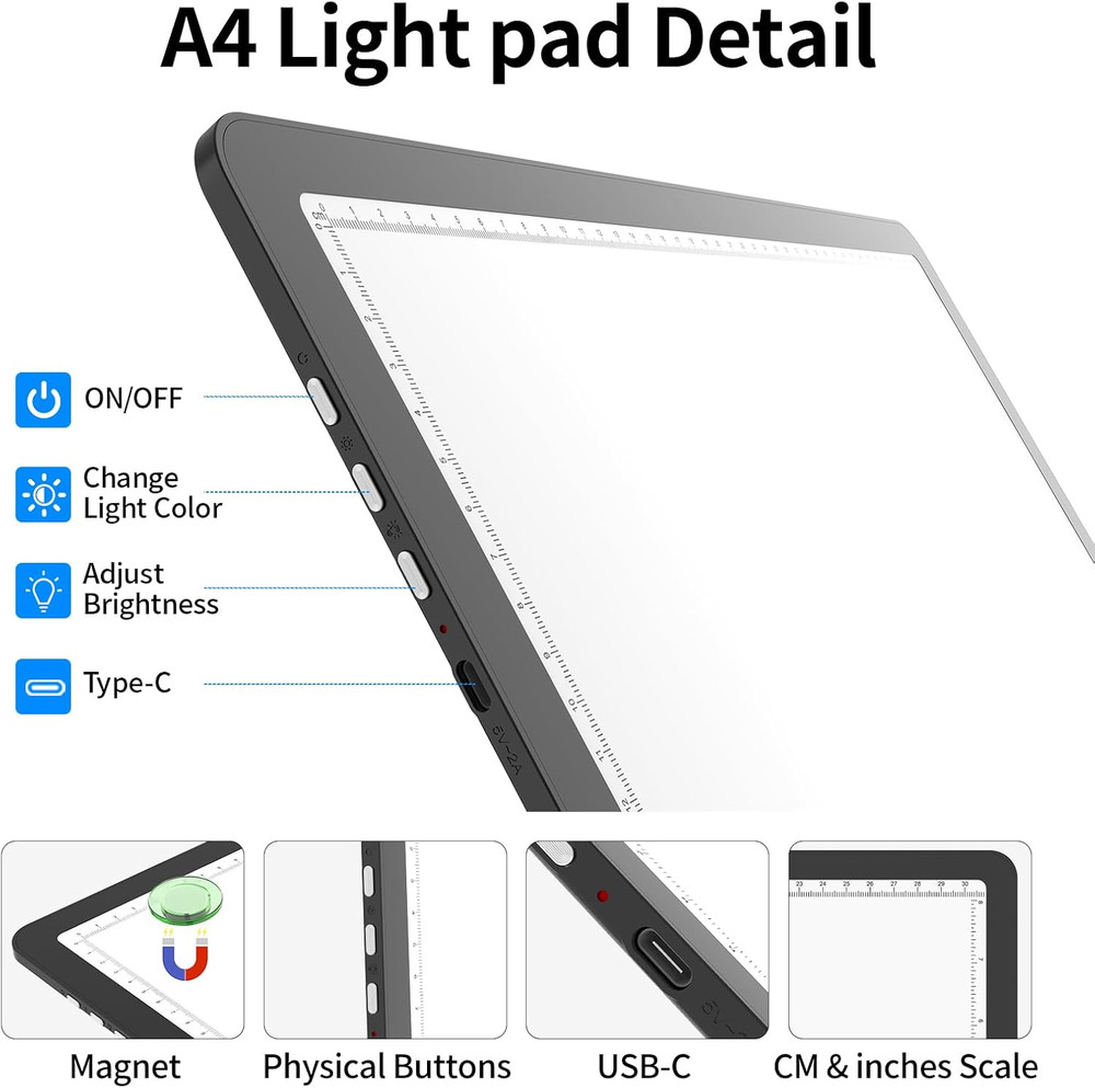 A4 Light Box for Tracing and Drawing, Ultra-Thin Copy Board with Adjustable Brig