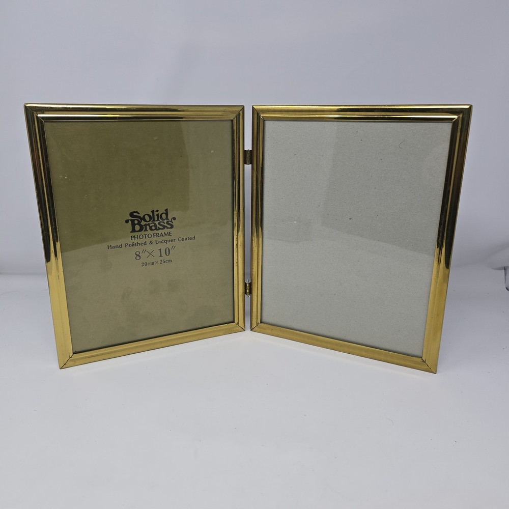 Solid brass lacquer coated polished double photo hinged frame 8x10" velvet back