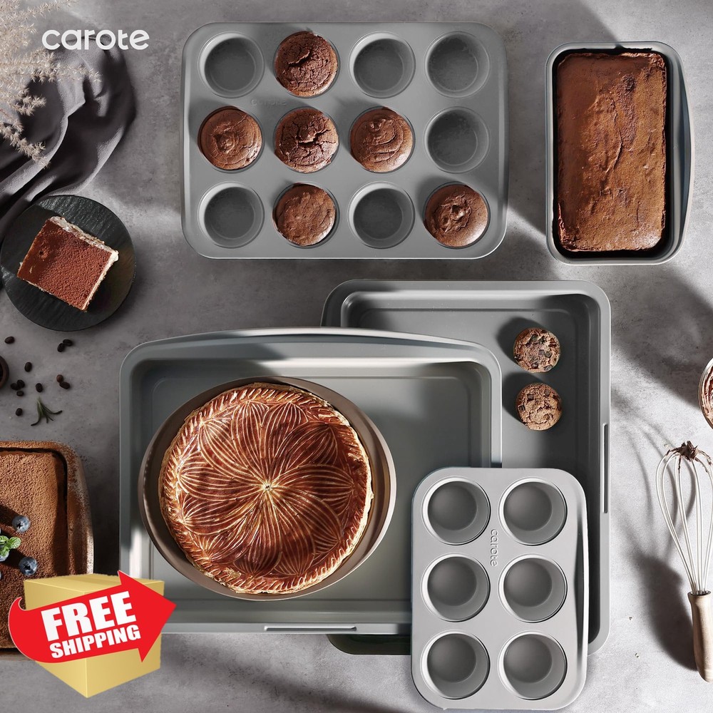 CAROTE 7pc Nonstick Stackable Baking Pans Set, Gray/Blue Bakeware