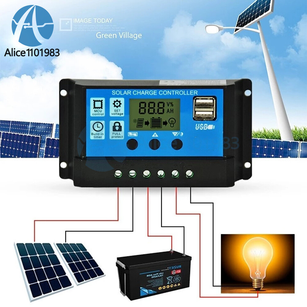 30A Solar Panel Battery Charge Controller 12V/24V LCD Regulator Auto Dual USB