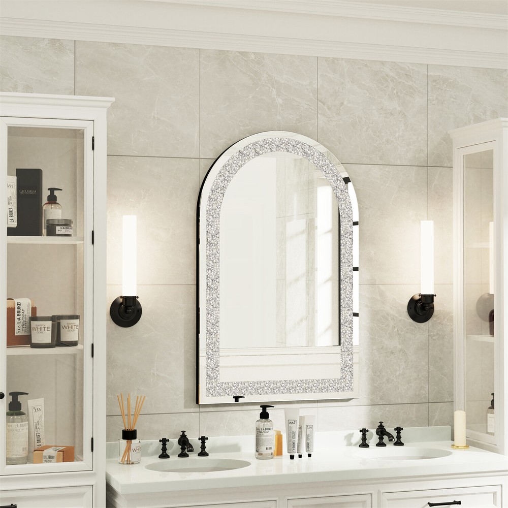 Crystal Decorative Mirror for Wall Arched Gorgeous Silver Crush Diamond Mirror