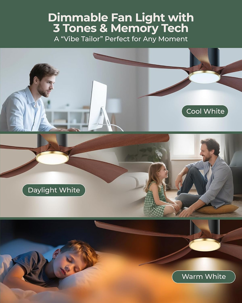 52" Walnut Ceiling Fan with Light, Remote, 6 Speeds, Energy Efficient