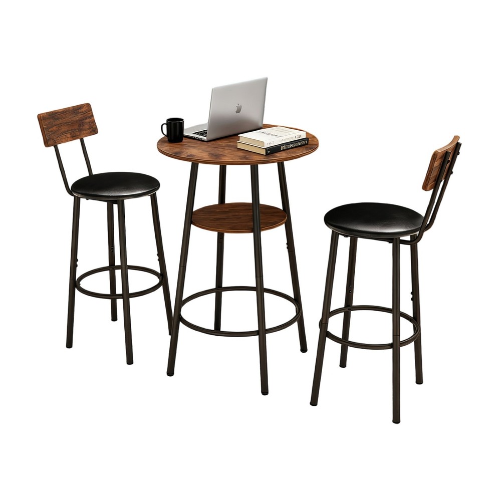 3 Piece Bar Table Set Round Counter Height Table w/ 2 PU Upholstered Bar Stools